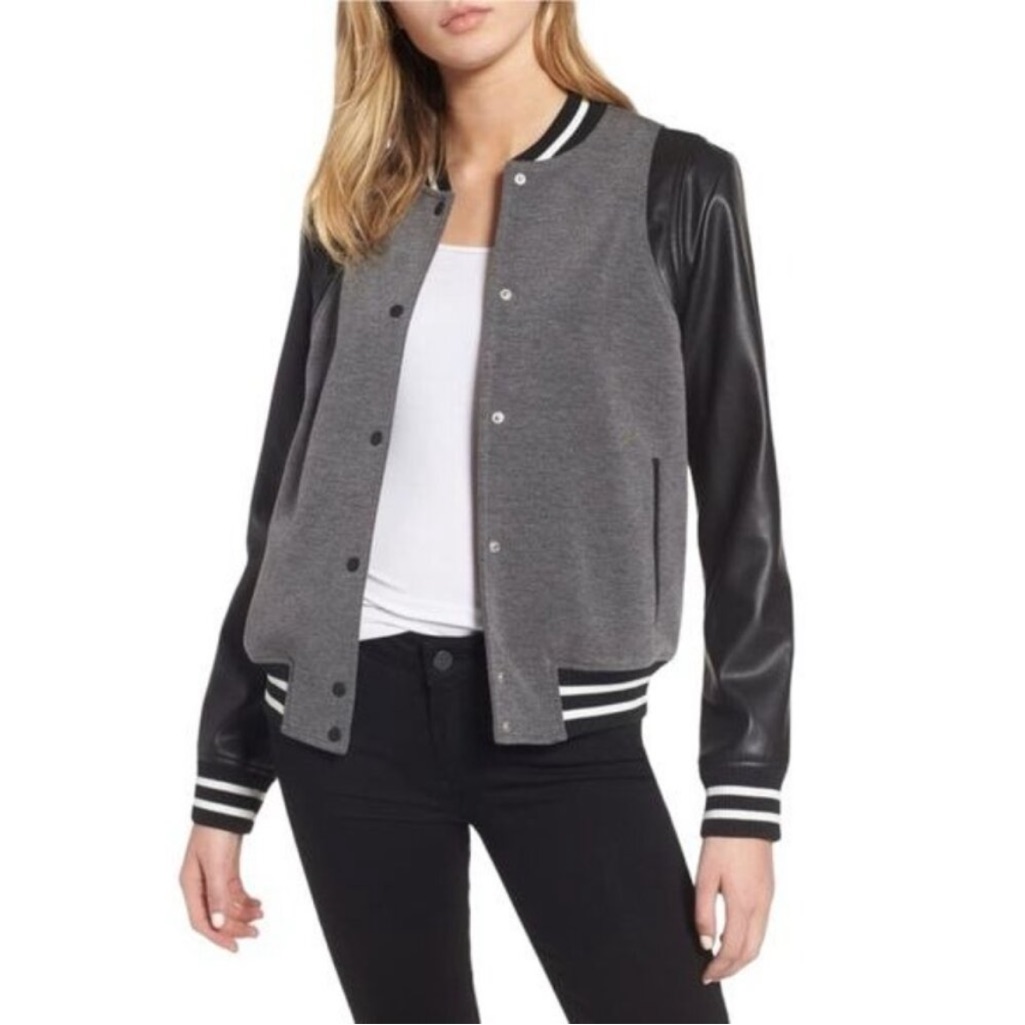 Nordstrom Trouv Varsity Jacket In Grey Combo Size Medium Euc